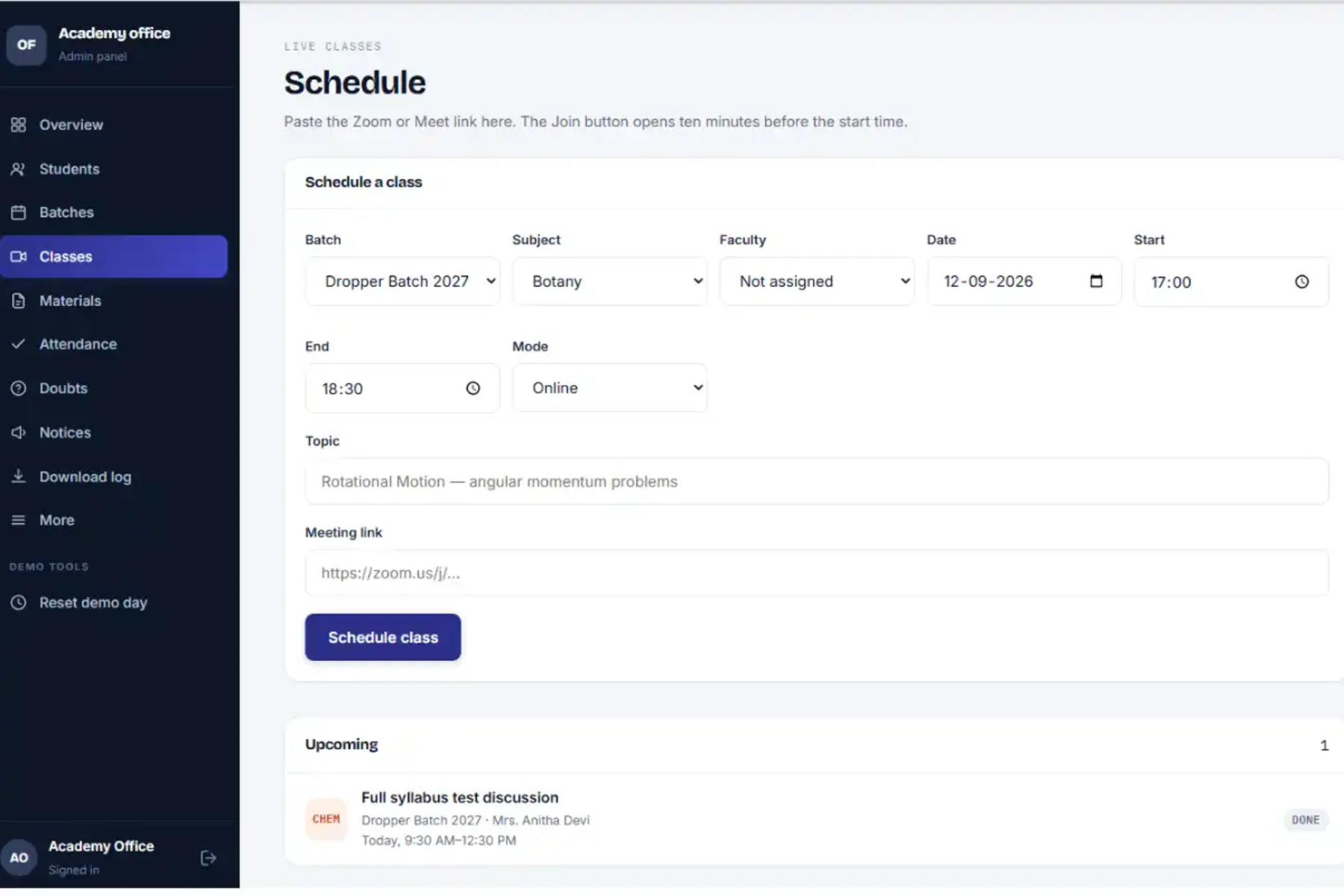 Coaching institute admin panel scheduling a live class for a NEET dropper batch